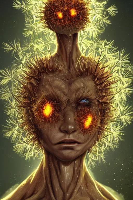 Image similar to a humanoid figure dandelion plant monster, amber eyes, highly detailed, digital art, sharp focus, ambient glow, trending on art station, anime art style