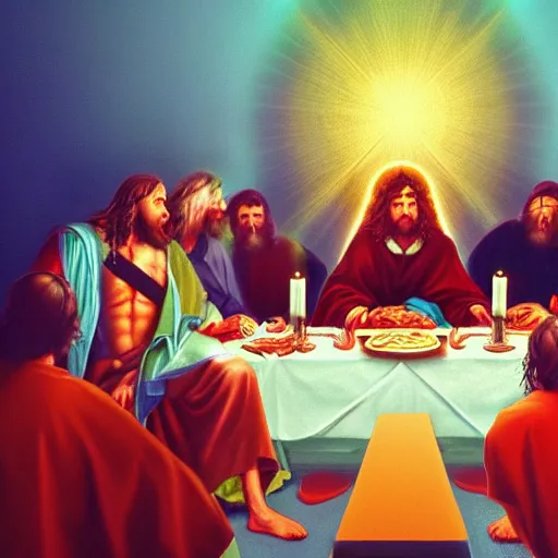 Prompt: Photorealistic asuka soryu at jesus's last supper. Hyperdetailed photorealism, 108 megapixels, amazing depth, glowing rich colors, powerful imagery, psychedelic Overtones, 3D finalrender, 3d shading, cinematic lighting, artstation concept art