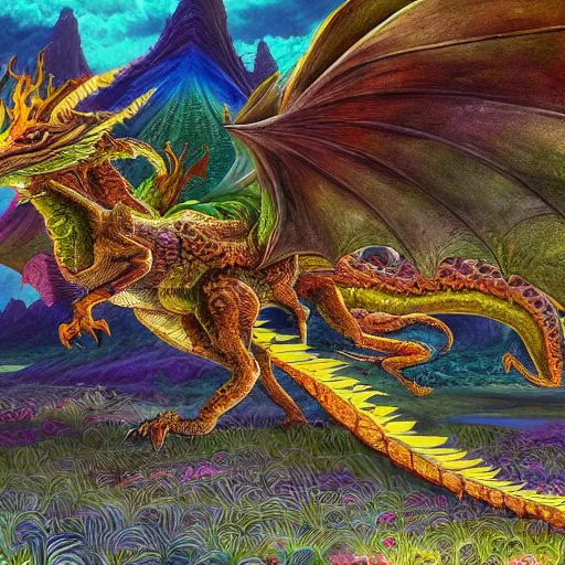 Image similar to concept art painting of a psychedelic dragon landscape made of thousands of dragons, realistic, detailed, cel shaded, in the style of makoto shinkai and greg rutkowski and james gurney