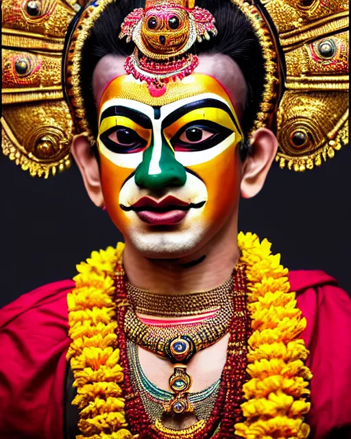 Image similar to photo of a dramatic Kathakali male dancer wearing elaborate makeup and full kathakali costume in the style of stefan kostic, realistic, sharp focus, symmetric, 8k high definition, insanely detailed, intricate, elegant, art by stanley lau and artgerm, William-Adolphe Bouguereau