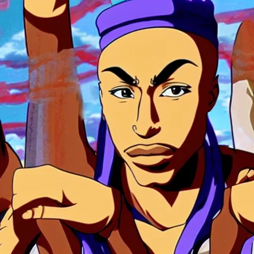 Image similar to Tupac Shakur, screenshot from a 2012s anime