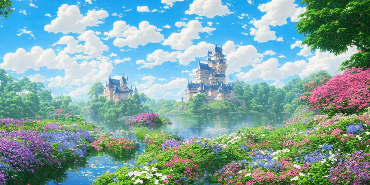 Prompt: a beautiful painting of a huge castle, peace lake, summer, blue sky, flowers, plants, white clouds, rain, hayao miyazaki's animation style, 8 k, hd ， by hasui kawase and thomas kinkade, trending on artstation