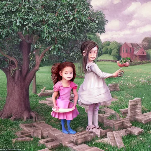 Image similar to a portrait of a beautiful little girl feeding an apple to a skeleton horse, the girl looks happy and have bright eyes and a porcelain face, matte painting 3 d watercolour rendering, in the style of lilia alvarado and mc escher!