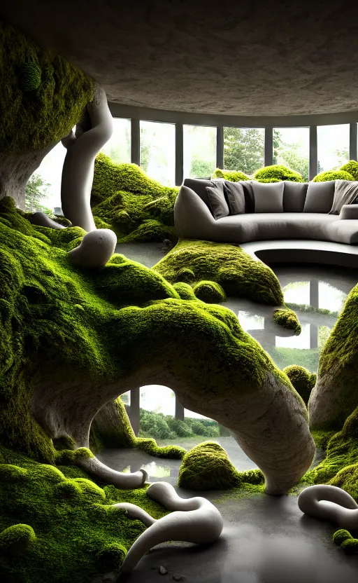 Image similar to highly detailed villa natural beautiful light interior soft cinematic composition of a smooth ceramic porcelain biomorphic magnolia stone nebula fluid sci - fi surreal architecture landscape, furniture, granite, trees, marble, moss, lichen, fungi, vincent callebaut composition, mamou - mani, archviz, 8 k, unreal engine, hdr