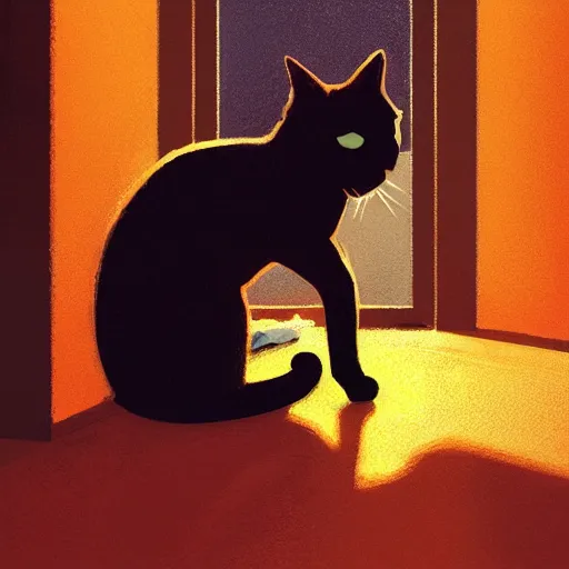 Image similar to close up of a cat stretching, in a house hallway, silhouette, warm colors, beautiful composition, by Atey Ghailan, by Craig Mullins and Dan Mumford, digital art, digital painting, trending on artstation,