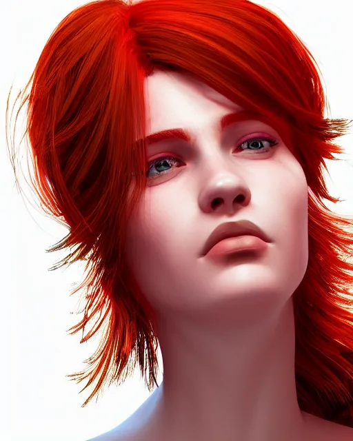 Image similar to a head and shoulder portrait of a beautiful woman with red hair, painted in the colorful style of Kotwdq, trending on Artstation, 8k, photorealistic, hyper detailed, unreal engine