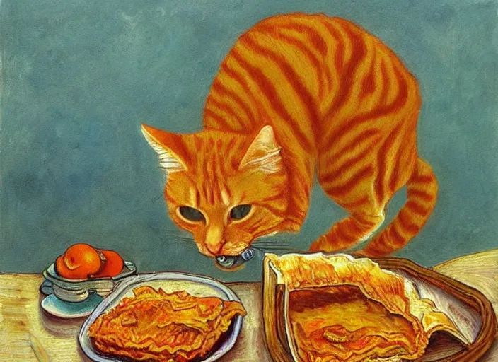 Image similar to detailed realistic realism painting of orange tabby cat eating lasagna at dusk, in the style of vincent van gogh and salvador dali and leonardo da vinci