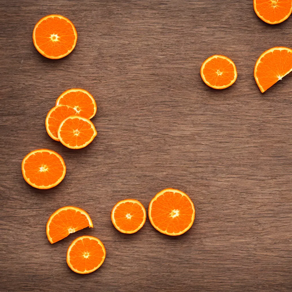 Prompt: top-down view with orange slice on top of a wooden table, 4k, photorealistic