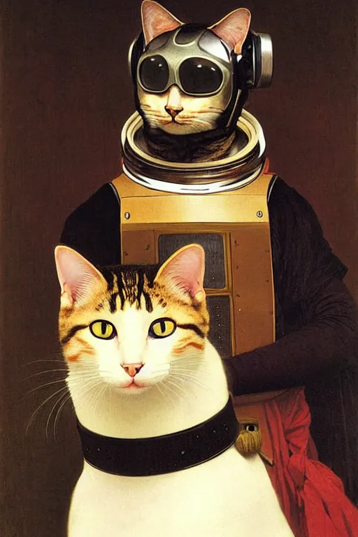 Image similar to portrait of a cat astronaut with japanese samurai armor and helmet, majestic, solemn, by bouguereau