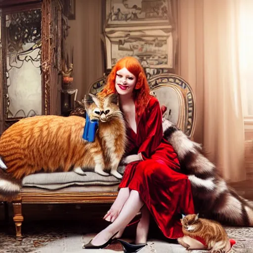 Image similar to a stunning hyper-detailed photo of one slender beautiful smiling woman with long ginger hair and bangs, wearing a luxurious silk robe, wearing headphones and posing with her large ginger tabby cat and her raccoon and parrots in a red overstuffed easy chair in her Victorian living room, holding a porcelain parrot-shaped coffee mug and a donut, perfect eyes, fashion photography, dramatic cinematic lighting, octane render, IBEX Masters, unreal engine, 85 mm lens, paisley wallpaper