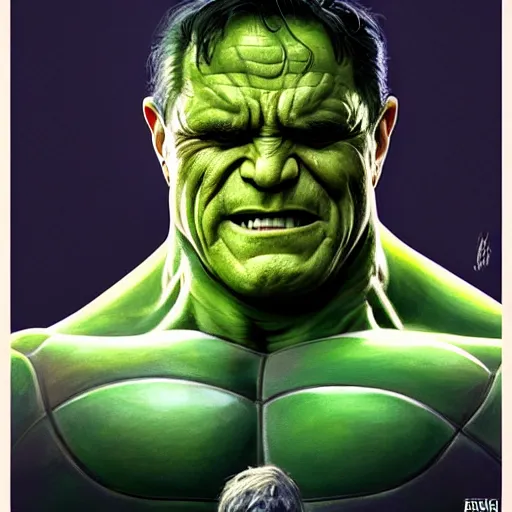 Prompt: hyperrealistic portrait of rudy giuliani as the hulk, highly decorated uniform, highly detailed, hyperrealistic, digital painting, artstation, concept art, smooth, sharp focus, illustration, cinematic lighting, art by artgerm and greg rutkowski and alphonse mucha