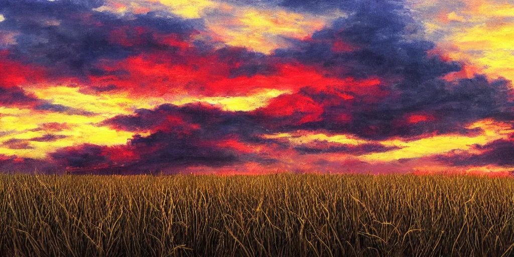 Prompt: empty grass land for miles in every direction godzilla walks in the distance on the horizon puffy clouds in the sky at beautiful sunset, rule of thirds, hyper detailed, art, insane complexity red and yellow