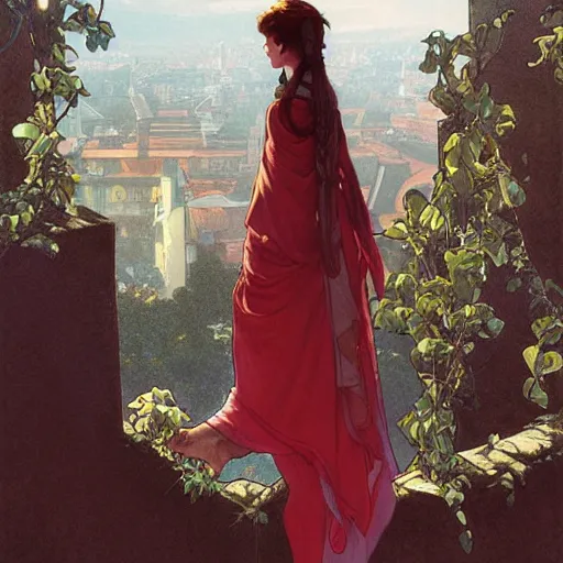 Prompt: a young girl standing on top of an impossibly tall wall, looking down at what is on the other side. she wears a very long red scarf that trails down a long way. beautiful fantasy painting by artgerm and greg rutkowski and alphonse mucha