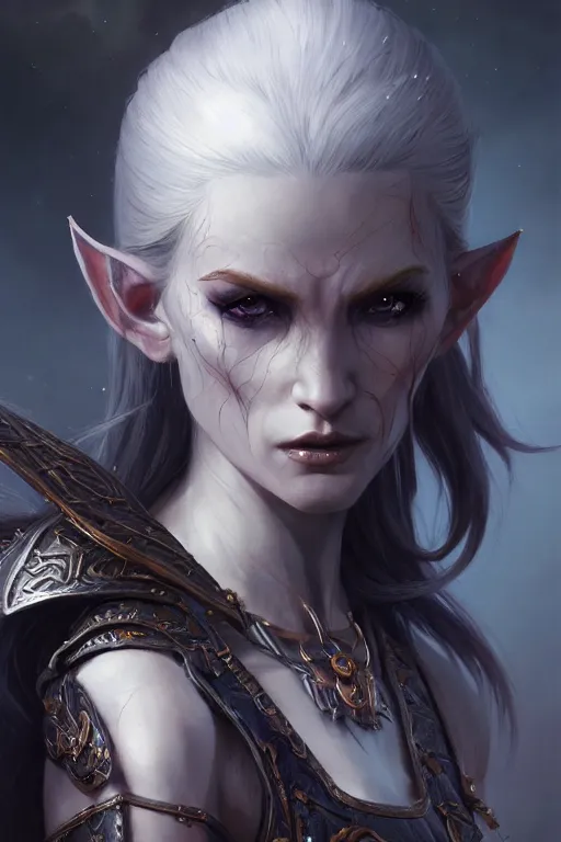 Image similar to dark elf princess, highly detailed, d & d, fantasy, highly detailed, digital painting, trending on artstation, concept art, sharp focus, illustration, art by artgerm and greg rutkowski and fuji choko and viktoria gavrilenko and hoang lap