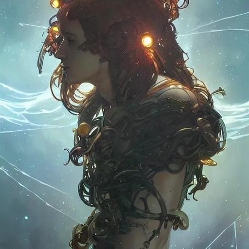 Prompt: handsome cyborg druid entanglement milky way, epic lighting, sketch illustration, ultra detailed, art by artgerm and greg rutkowski and alphonse mucha