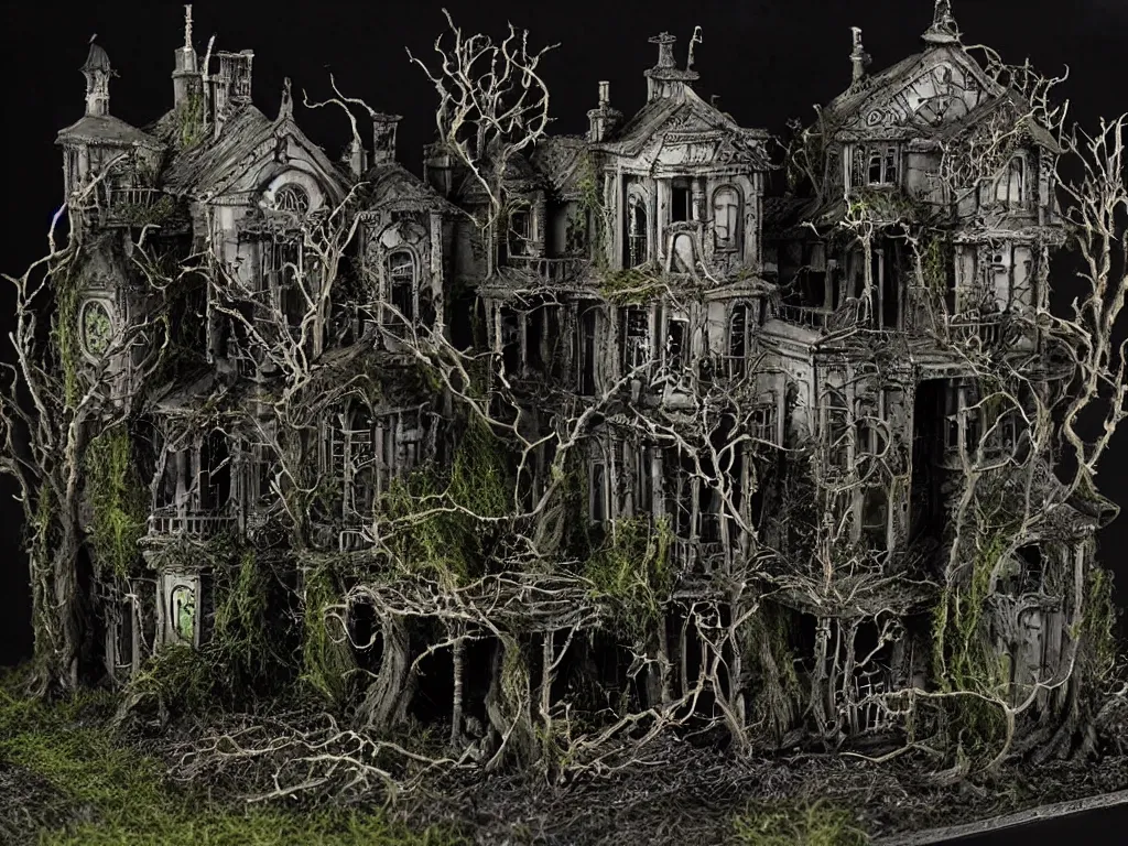 Prompt: tim burton elaborate victorian lighted haunted house, practical effects miniature model, dark colours, swamp with twisted trees in the background, stormy night with moon
