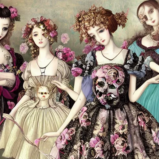 Prompt: 8k, realism, renaissance, baroque, group of creepy young ladies wearing renaissance long harajuku manga dress with flowers and skulls, background chaotic flowers