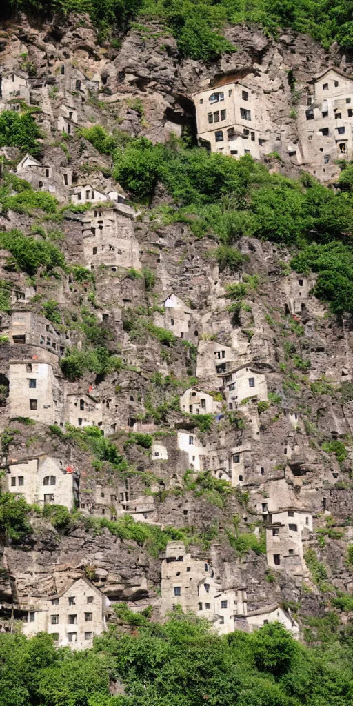 Prompt: a large village of stone houses carved into the side of a tall cliff