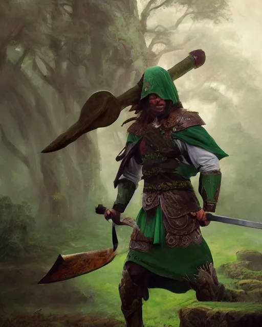 Prompt: oil painting of Anthropomorphized Sheep warrior holding giant club, wearing green cloak, sharp focus, fantasy style, octane render, volumetric lighting, 8k high definition, by greg rutkowski, highly detailed, trending on art Station, magic the gathering artwork, magical forest backround, centered