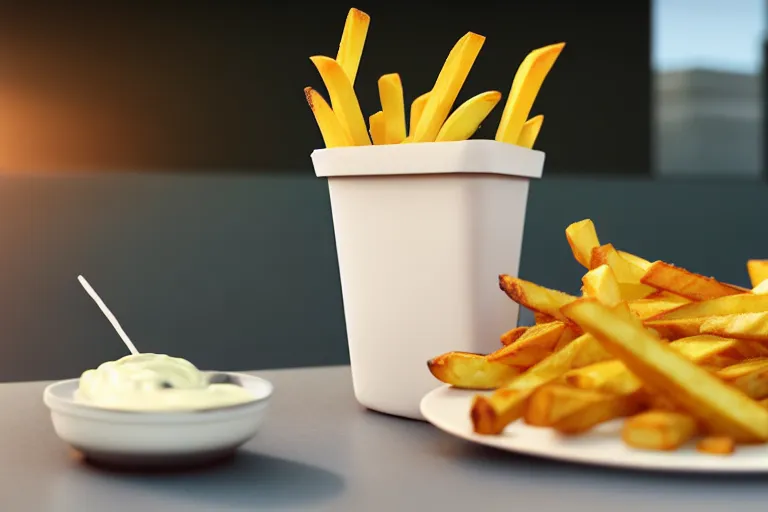 Prompt: best fries, best mayonnaise, best weather, best light, best drink. super realistic 8 k render