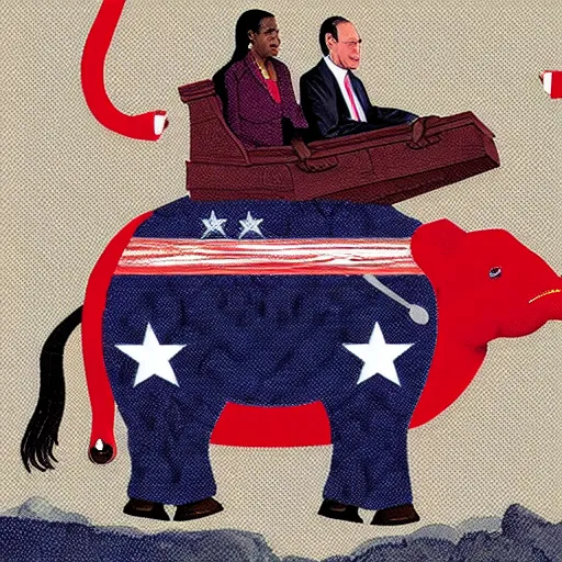 Prompt: Clarence Thomas and Samuel Alito riding a red elephant holding an American flag with its trunk while trampling the grave of Ruth Bader Ginsburg