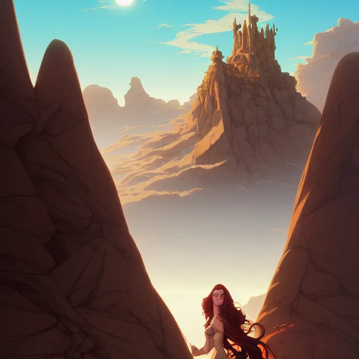 Prompt: style artgerm, joshua middleton, gerald brom, a giant brown stone castle in the desert, very long spires, sand swirling, detailed, ocean background setting, volumetric lighting