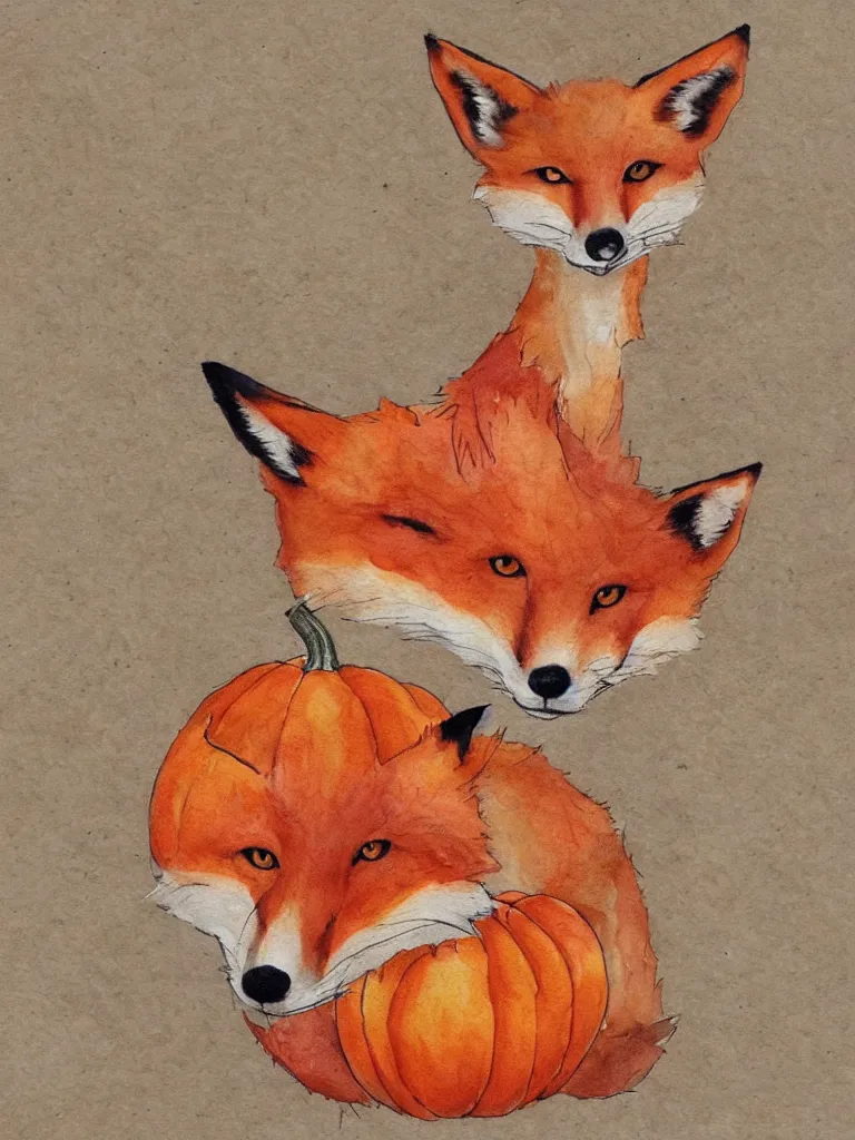 Image similar to autumn a fox with pumpkin watercolor by arti chauhan trending on artstation