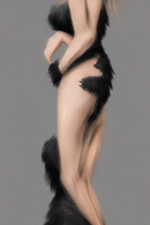 Prompt: full body aesthetic full body digital illustration of a beautiful young woman in a furry little black dress, realistic, Vogue, magazine photography, photorealistic, deviantArt, trending on artstation, artstation HQ