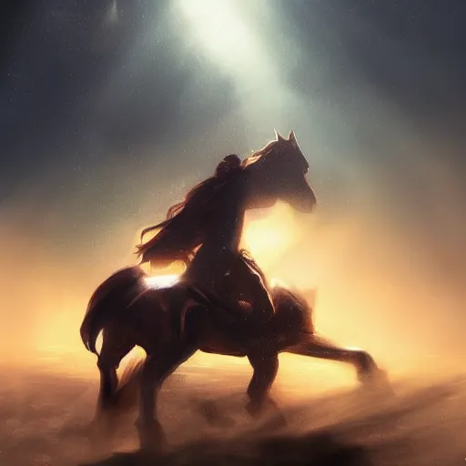 Image similar to a man named john. riding a fantasy space horse, cinematic composition, dramatic lighting, artstation