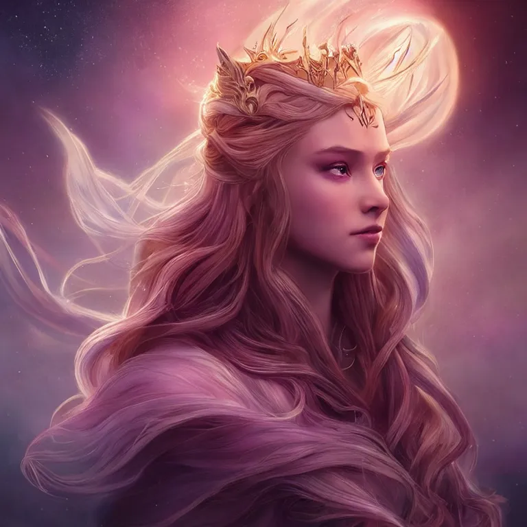 Image similar to beautiful cinematic fantasy poster, a beautiful princess like a disney princess hybrid with flowing illuminated hair, beautiful glowing galaxy eyes, wideshot ultrawide angle epic scale, hybrid from The Elden Ring and art direction by Darius Zawadzki ;by artgerm; wayne reynolds art station; cinematic quality character render; low angle; ultra high quality model; production quality cinema model;