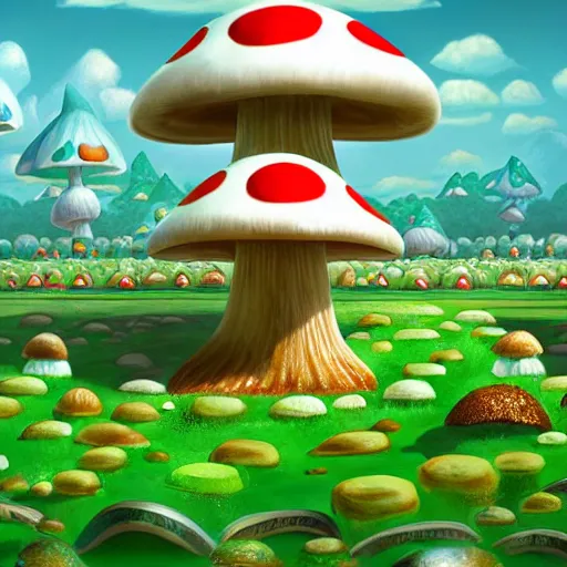 Prompt: mushroom kingdom from mario, digital art, giant green and white mushrooms, irina french, heraldo ortega, mandy jurgens trending on artstation 8 k 1 5 0 mpx