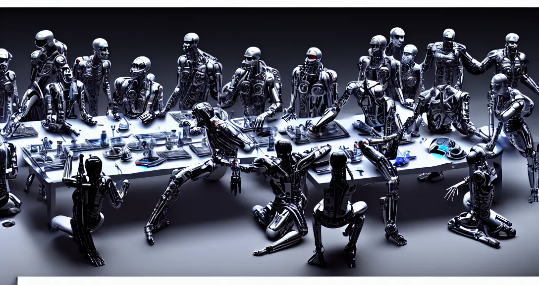 Image similar to war, 13 diverse cyborgs on one_side of a reflective !cybernetic table, posing_as_last_supper, inticrate detailed glowing implants, highly detailed, dramatic lighting, electrical details, high details, beautiful lighting