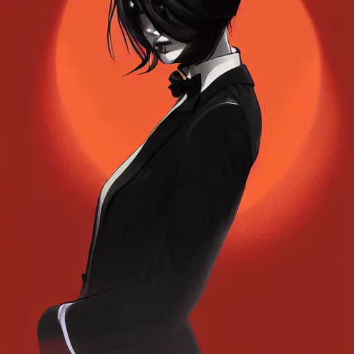 Image similar to girl in tuxedo with black chaotic wavy short haircut, elegant, 2d, ultra highly detailed, digital painting, smooth, sharp focus, artstation, art by Ilya Kuvshinov