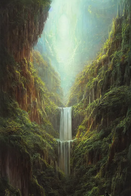 Image similar to amazing concept painting, by Jessica Rossier and HR giger and Beksinski, Rivendell, terraces, hallucination, garden of eden