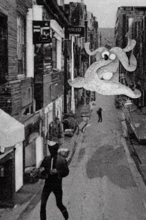 Image similar to still from vhs footage of squid! cryptid floating!! down street