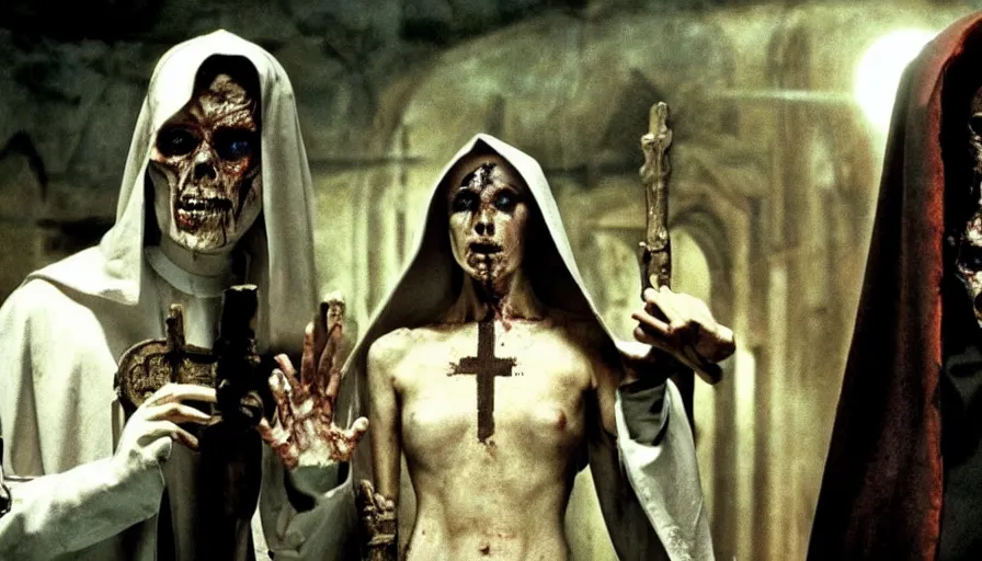 Prompt: Movie by Ridley Scott about an 16th century alchemist lab where a crucified necromancer priest is transformed into a cyborg zombie (a nun watches and weeps)