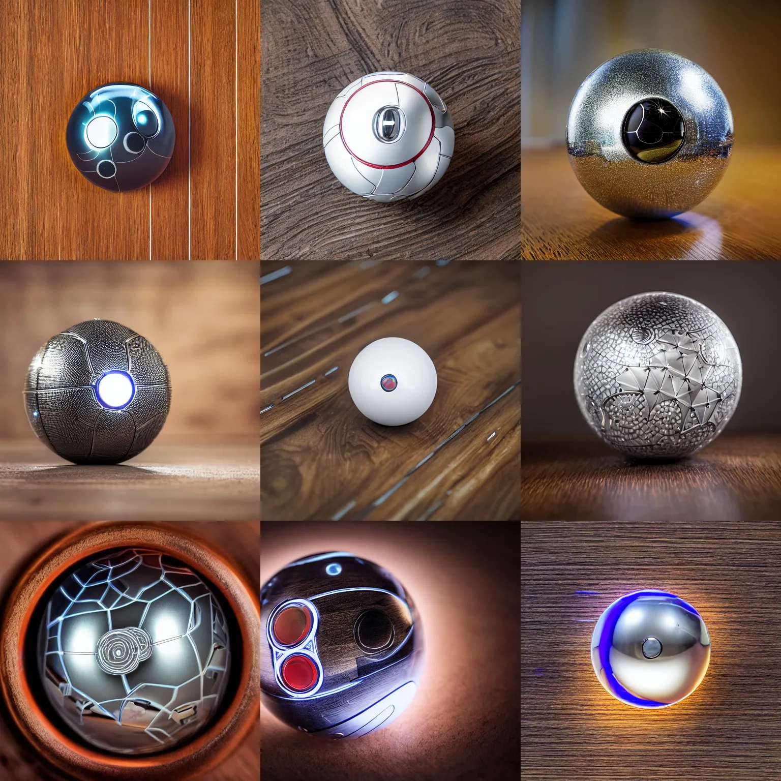 Prompt: A studio photograph of a futuristic high-tech intricate engraved chrome Poké Ball with LEDs laying on wood grain, XF IQ4, 150MP, 50mm, F1.4, ISO 200, 1/160s, natural light, Adobe Lightroom, photolab, Affinity Photo, PhotoDirector 365