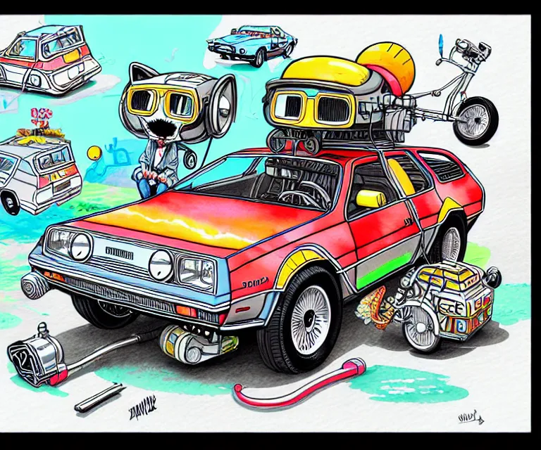 Image similar to cute and funny, ( ( ( ( ( ( racoon ) ) ) ) ) ) wearing a helmet riding in a tiny silver color hot rod dmc delorean with oversized engine, ratfink style by ed roth, centered award winning watercolor pen illustration, colorful isometric illustration by chihiro iwasaki, edited by range murata