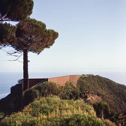 Image similar to castle designed by renzo piano overlooking big sur. landscape design by andre le notre. fujinon premista 1 9 - 4 5 mm t 2. 9. portra 8 0 0. w 1 0 8 8