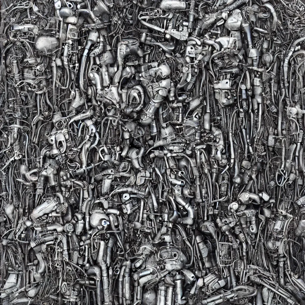 Image similar to 1000000 robots fighting in forest H.R. Giger
