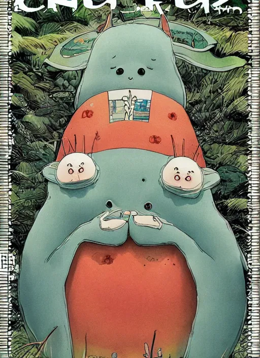 Image similar to a beautiful japanese magazine cover of a cute strange animal, illustrated by miyazaki, highly detailed, concept art, trending, poster