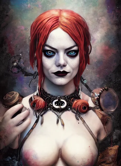 Prompt: underwater dark goth gothic steampunk portrait of emma stone as harley quinn, full moon, hyper detailed, digital art, cinematic lighting, studio quality, smooth render, unreal engine 5, octane rendered, art style by klimt and nixeu and ian sprigger and krenz cushart.