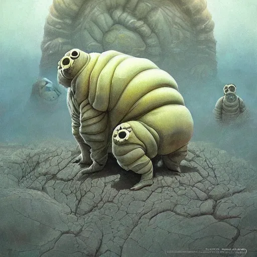 Prompt: fractal tardigrade!!! terror and horror painting tardigrade!!! descending onto an apocalyptic earth, by greg rutkowski and studio ghibli, inspired by zdzisław beksinski, cinematic, atmospheric, dramatic colors, dawn.