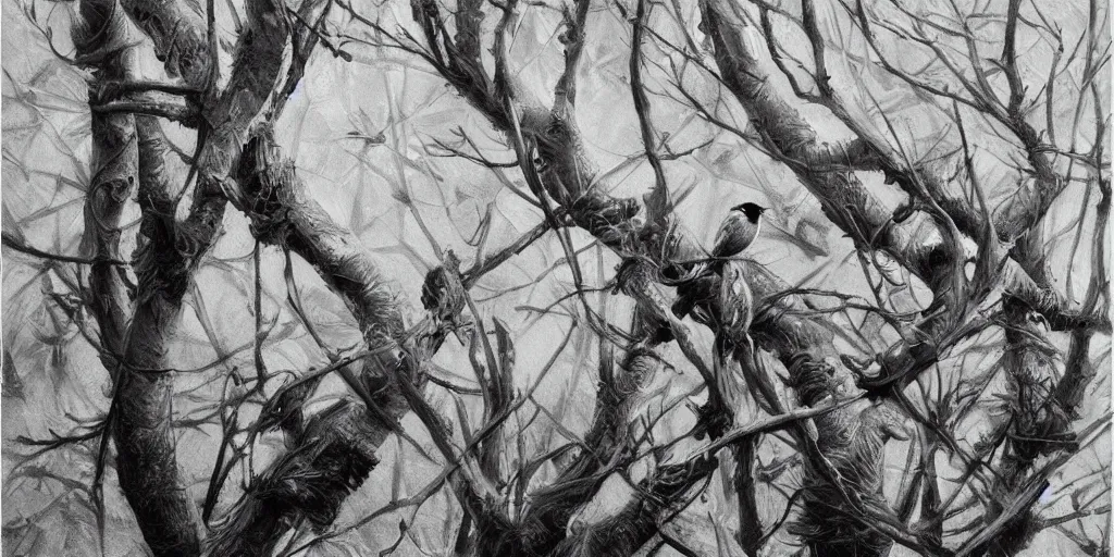 Prompt: highly detailed beautiful black and white oil painting, birds, hand gesture, branches and foliage, beauty, dark, masterpiece, art by durero, riccardo federici, james jean, craig mullins, alphonse musha, illustration, draw, spatula, splash