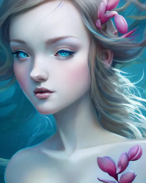 Prompt: character art of a goddess of magnolias as windy dusty underwater angelic young female | | seductive - fine - face, pretty face, key visual, realistic shaded perfect face, fine details by artgerm, wlop, nekro, james jean, andrei riabovitchev, marc simonetti, trending on artstation