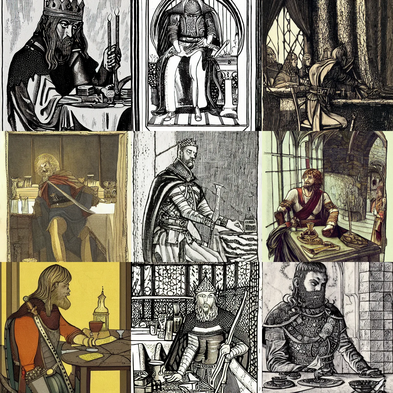 Prompt: highly detailed contemporary arthurian illustration, well shaded, portrait of king arthur leaning over a table