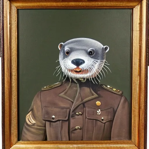 Image similar to oil painting of an anthropomorphic otter in military uniform, amazing detail,