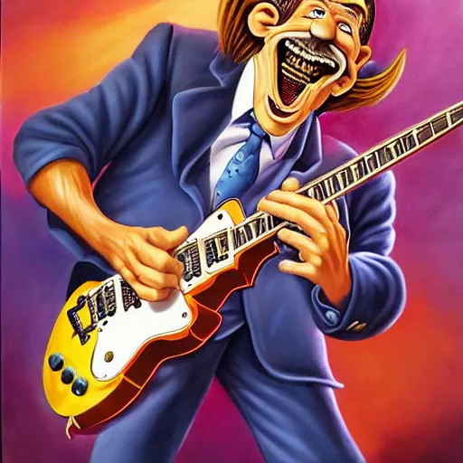 Image similar to beautiful lifelike painting of barry chuckle shredding on a gibson les paul, furious guitar solo, hyperreal detailed facial features and uv lighting, art by ed roth and basil wolverton