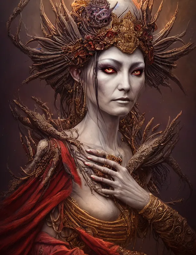 Image similar to a beautiful detailed 3d matte painting of face portrait of female empress of the dead, by ellen jewett, tomasz alen kopera and Justin Gerard, symmetrical features, ominous, magical realism, texture, intricate, ornate, royally decorated, skull, skeleton, whirling smoke, embers, red adornements, red torn fabric, radiant colors, fantasy, trending on artstation, volumetric lighting, micro details, 3d sculpture, ray tracing, 8k