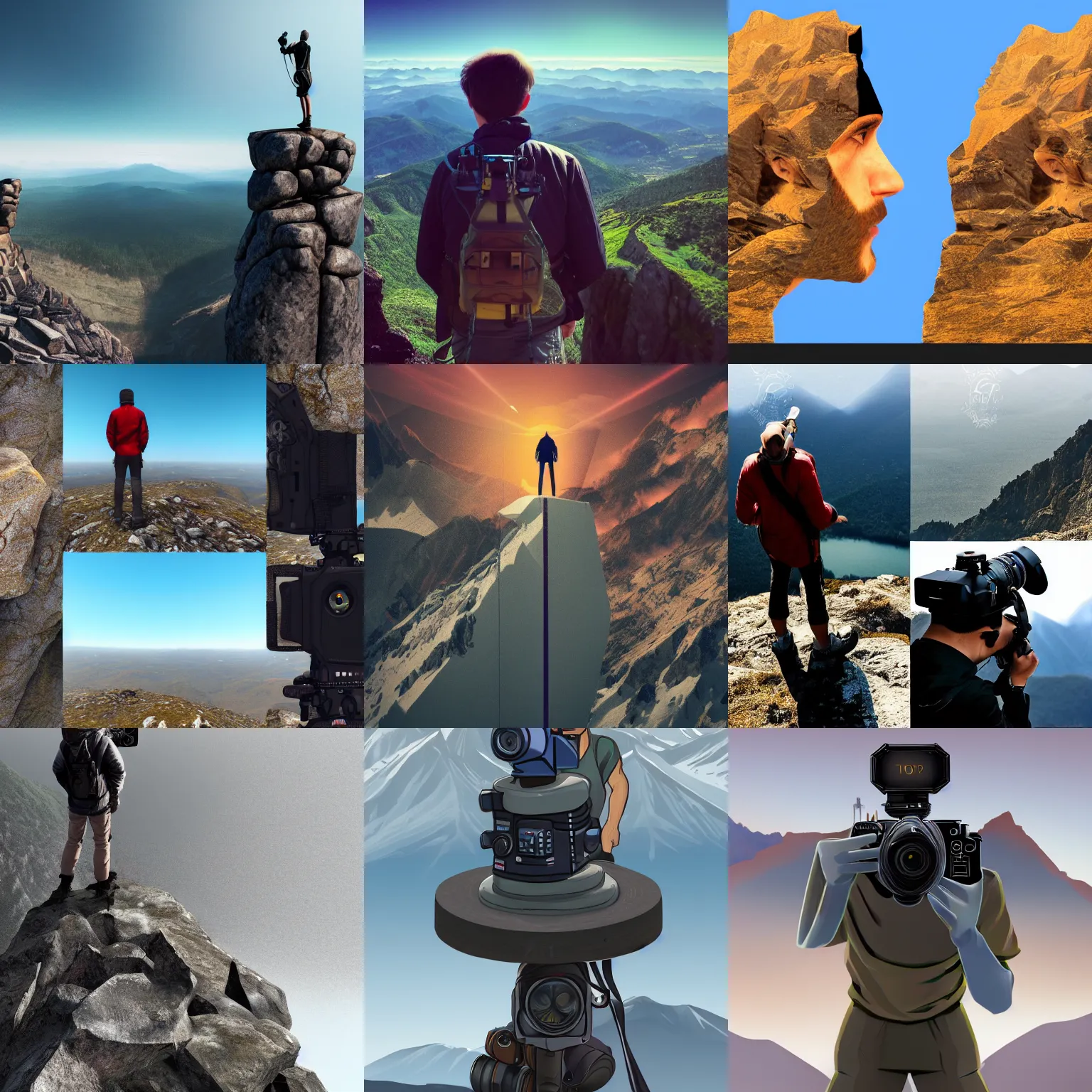 Prompt: Man who is a camera standing on the top of a mountain, face view, trending on artstation